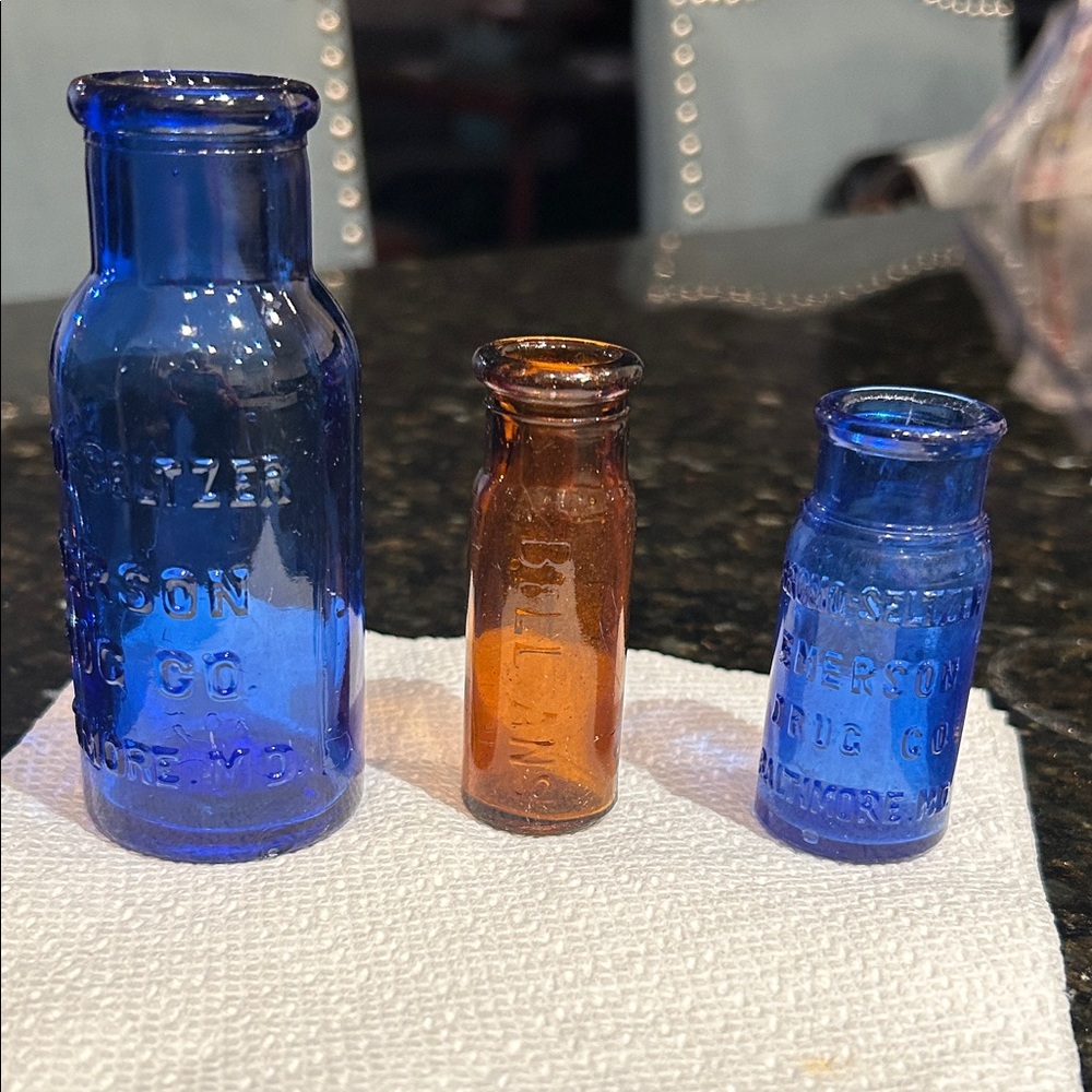 Vintage Blue Bromo Seltzer and Amber Bell Jars Pharmaceutical Bottles